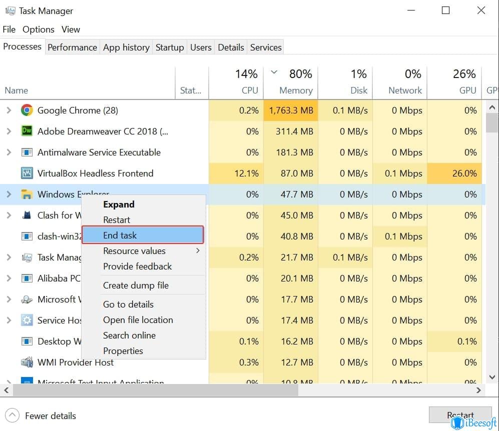 завершить задачу проводника Windows