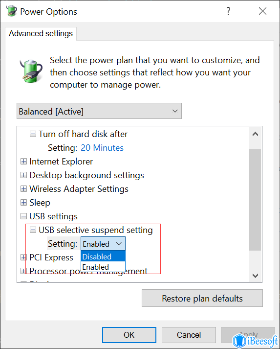 USB selective suspend setting
